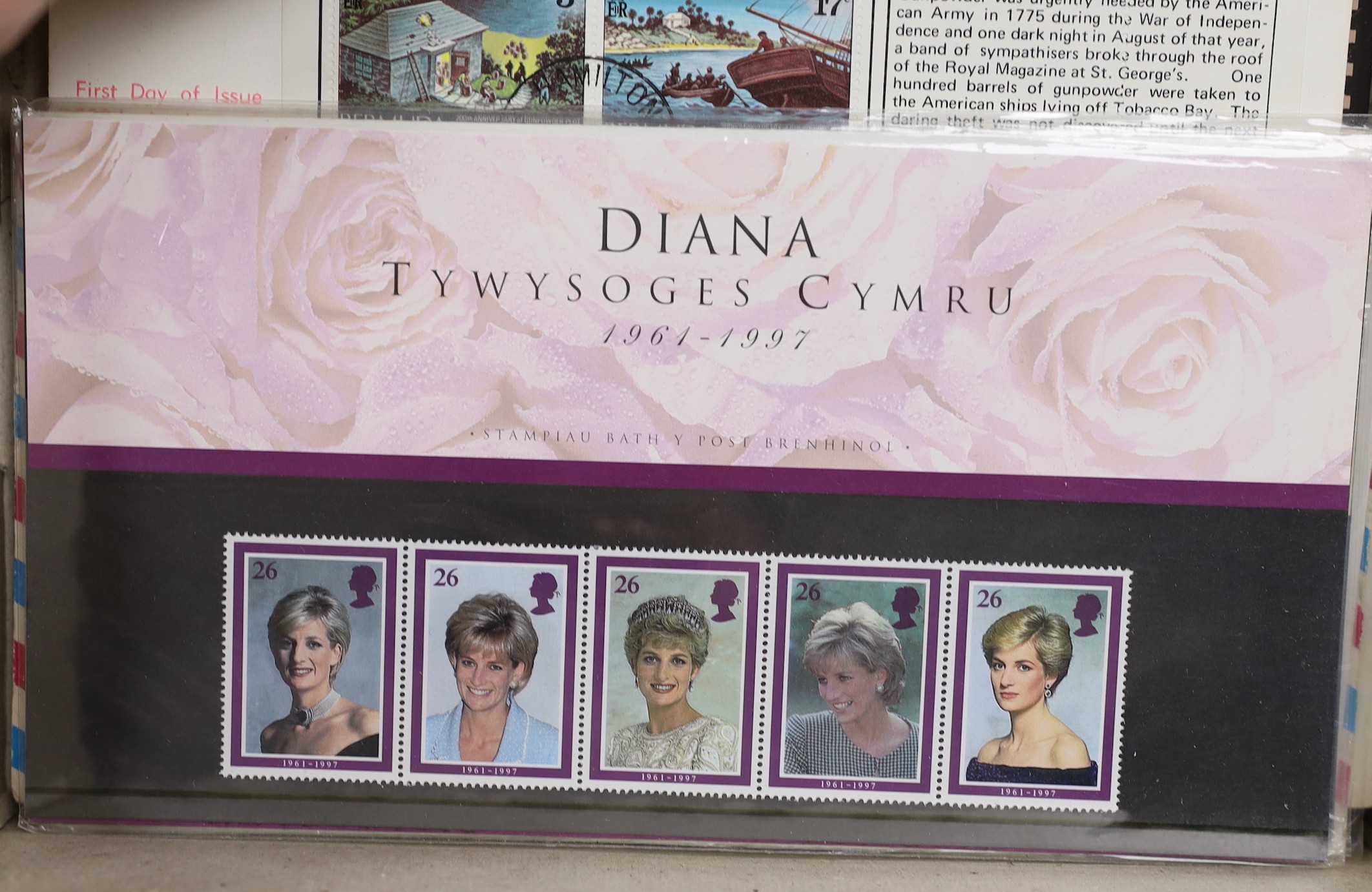 Four albums of World Stamps and a box of first day covers and mint unused stamps